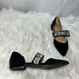 Anthropologie Bettye Muller Black‎ Velvet Women's Flat Embroidered Strap Sz 8